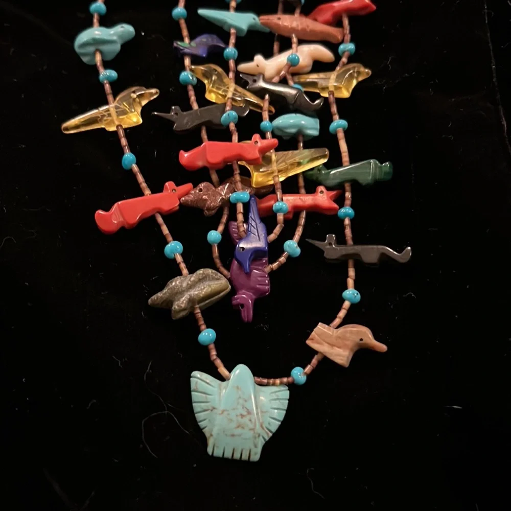 Vintage Native American Southwest multi strand carved gemstone necklace 32” - Picture 1 of 13